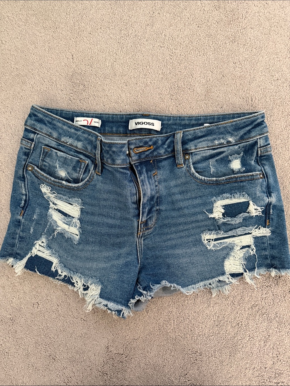 Vigoss Distressed Blue Denim Jean Shorts with Frayed Hem